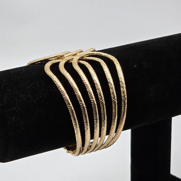 Front Open Gold Tone Textured Metal Hinged Fashion Wide Cuff Bracelet - Picture 3 of 9